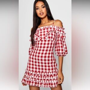 NWOT Boohoo red/white Gingham off shoulder Dress